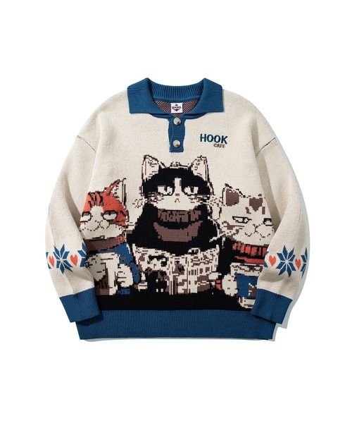 HOOK(フック)の「HOOK -original- 猫カフェポロ襟ニットプルオーバー(ニット/セーター・メンズ・ベージュ・XL/M/L)」の10枚目の写真