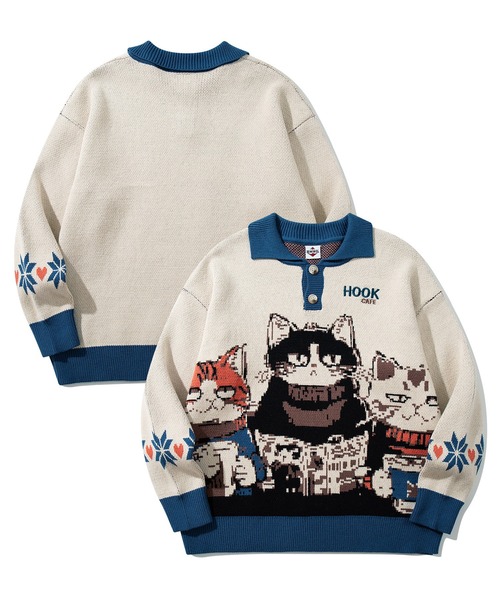HOOK(フック)の「HOOK -original- 猫カフェポロ襟ニットプルオーバー(ニット/セーター・メンズ・ベージュ・XL/M/L)」の11枚目の写真