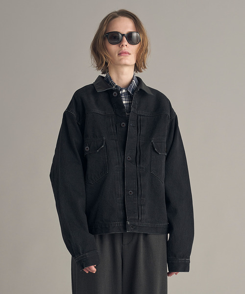 VICTIM(ヴィクティム)の「VICTIM ヴィクティム / ×HAGUN DENIM JACKET コラボレーションレザー襟デニムジャケット / VTM-26-O-104(デニムジャケット・メンズ・ブラック・1/2/3)」の1枚目の写真