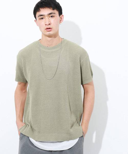 STUDIOUS（ステュディオス）の「 【ZOZO限定】STUDIOUS ドロップショルダー畦編みビッグニットT（Tシャツ/カットソー・メンズ・オフホワイト/グリーン/ベージュ・2/1/3）」の3枚目の写真