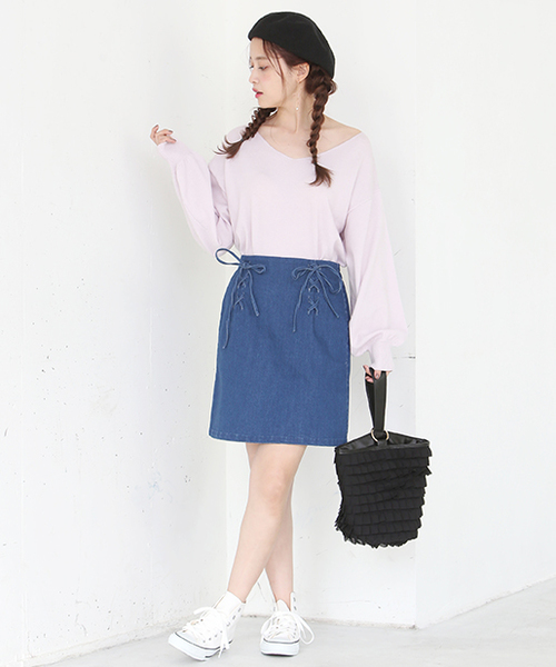 one after another NICE CLAUP（ワンアフターアナザーナイスクラップ）の「Wレースアップスカート（スカート・レディース・ピンク/ネイビー/アイボリー/ブルー・FREE）」の15枚目の写真