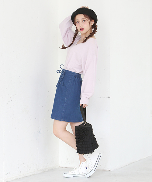 one after another NICE CLAUP（ワンアフターアナザーナイスクラップ）の「Wレースアップスカート（スカート・レディース・ピンク/ネイビー/アイボリー/ブルー・FREE）」の5枚目の写真