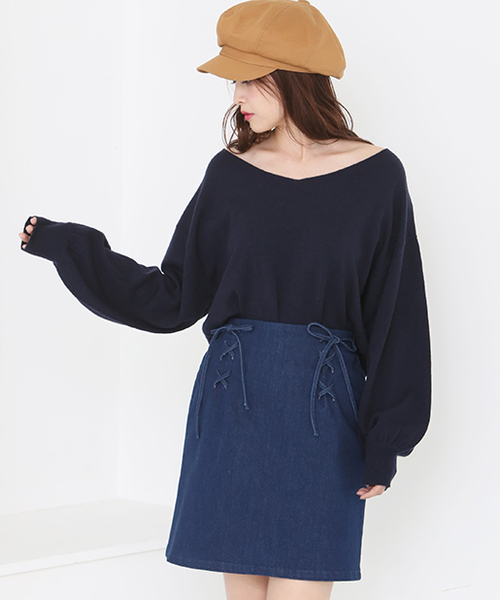 one after another NICE CLAUP（ワンアフターアナザーナイスクラップ）の「Wレースアップスカート（スカート・レディース・ピンク/ネイビー/アイボリー/ブルー・FREE）」の7枚目の写真