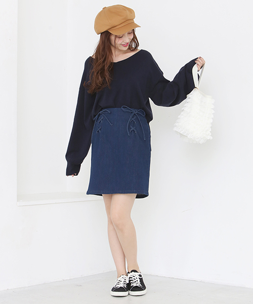 one after another NICE CLAUP（ワンアフターアナザーナイスクラップ）の「Wレースアップスカート（スカート・レディース・ピンク/ネイビー/アイボリー/ブルー・FREE）」の8枚目の写真