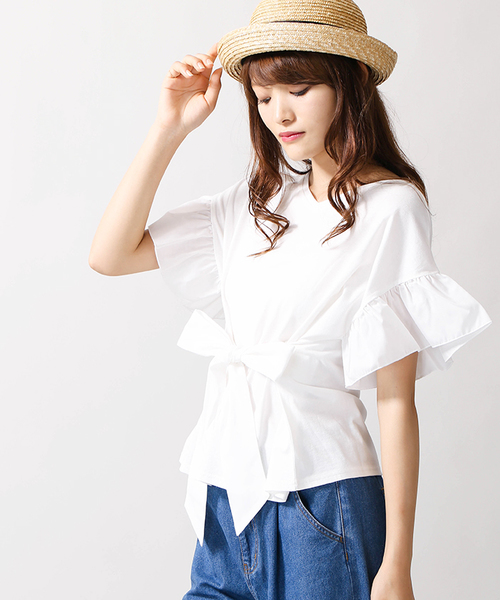 WEGO（ウィゴー）の「WEGO/2WAYウエストリボンTシャツ（Tシャツ/カットソー・レディース・ホワイト/サックスブルー/ワイン/カーキ/ブラック・FREE）」の2枚目の写真