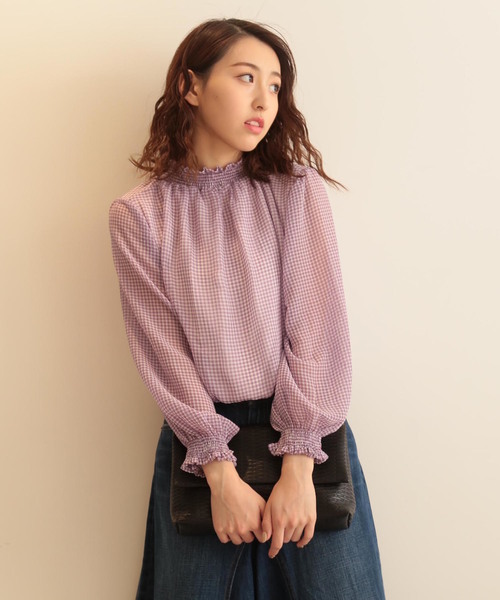 FREE'S MART（フリーズマート）の「シャーリングネックギンガムチェックブラウス（シャツ/ブラウス・レディース・クリアグリーン/ブラック系その他/パープル系その他・FREE）」の3枚目の写真