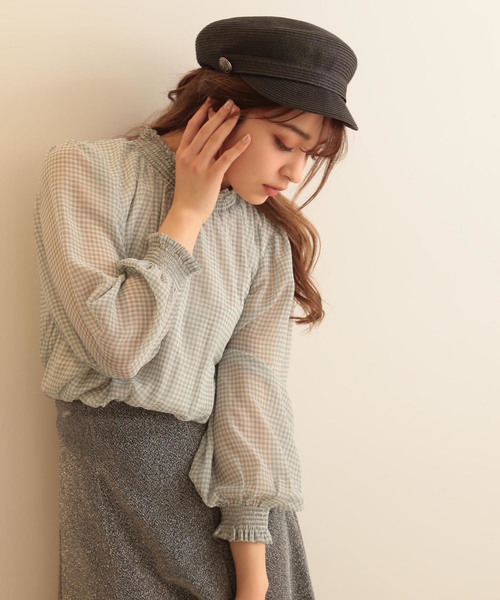 FREE'S MART（フリーズマート）の「シャーリングネックギンガムチェックブラウス（シャツ/ブラウス・レディース・クリアグリーン/ブラック系その他/パープル系その他・FREE）」の2枚目の写真