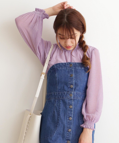 FREE'S MART（フリーズマート）の「シャーリングネックギンガムチェックブラウス（シャツ/ブラウス・レディース・クリアグリーン/ブラック系その他/パープル系その他・FREE）」の10枚目の写真