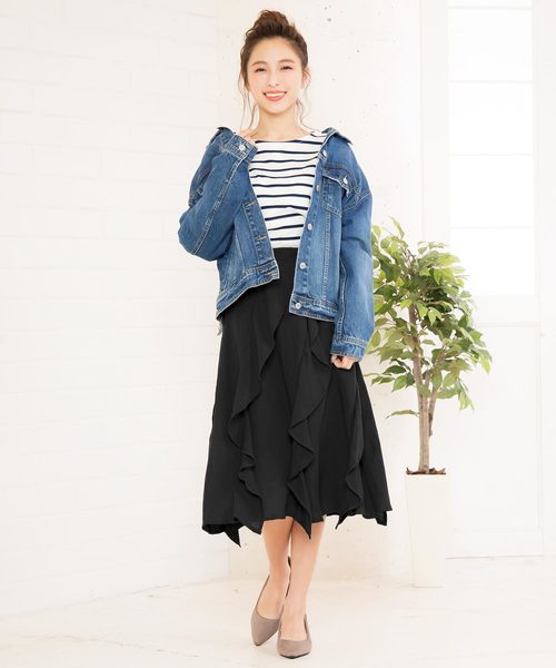 KOBE LETTUCE（コウベレタス）の「ラッフルフリルデザインミディ丈フレアスカート（スカート・レディース・ブラック/オフホワイト/イエロー/グレー系その他・FREE）」の12枚目の写真