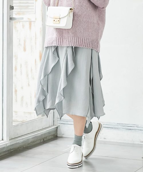 KOBE LETTUCE（コウベレタス）の「ラッフルフリルデザインミディ丈フレアスカート（スカート・レディース・ブラック/オフホワイト/イエロー/グレー系その他・FREE）」の13枚目の写真