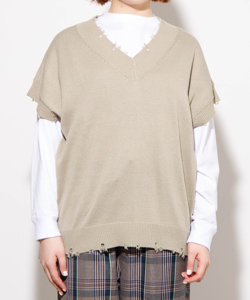 WEGO(ウィゴー)の「WEGO/ダメージニットベスト(ベスト・レディース・ホワイト/ブラック/サックスブルー/グリーン・FREE)」の19枚目の写真