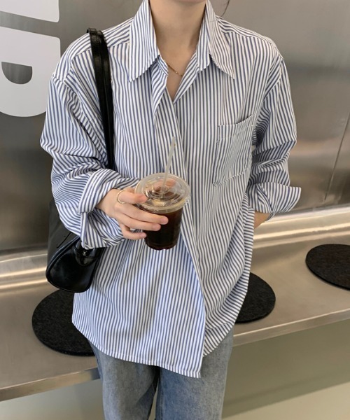 MANGROVE（マングローブ）の「ストライプラップオーバーシャツ（シャツ/ブラウス・レディース・ブルー・FREE）」の14枚目の写真