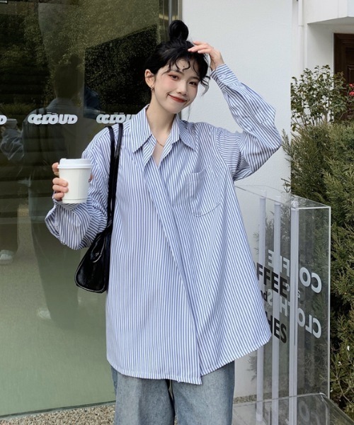 MANGROVE（マングローブ）の「ストライプラップオーバーシャツ（シャツ/ブラウス・レディース・ブルー・FREE）」の5枚目の写真