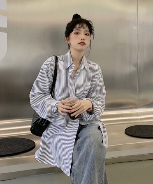 MANGROVE（マングローブ）の「ストライプラップオーバーシャツ（シャツ/ブラウス・レディース・ブルー・FREE）」の6枚目の写真