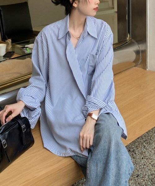 MANGROVE（マングローブ）の「ストライプラップオーバーシャツ（シャツ/ブラウス・レディース・ブルー・FREE）」の13枚目の写真