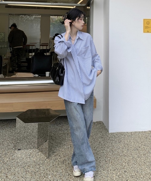 MANGROVE（マングローブ）の「ストライプラップオーバーシャツ（シャツ/ブラウス・レディース・ブルー・FREE）」の12枚目の写真