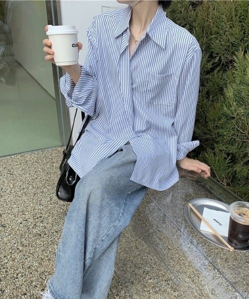 MANGROVE（マングローブ）の「ストライプラップオーバーシャツ（シャツ/ブラウス・レディース・ブルー・FREE）」の3枚目の写真