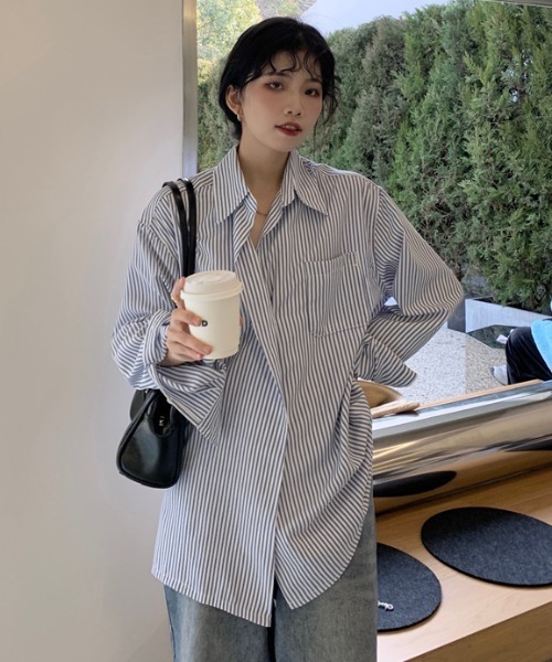 MANGROVE（マングローブ）の「ストライプラップオーバーシャツ（シャツ/ブラウス・レディース・ブルー・FREE）」の7枚目の写真