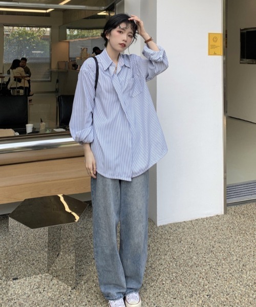 MANGROVE（マングローブ）の「ストライプラップオーバーシャツ（シャツ/ブラウス・レディース・ブルー・FREE）」の10枚目の写真