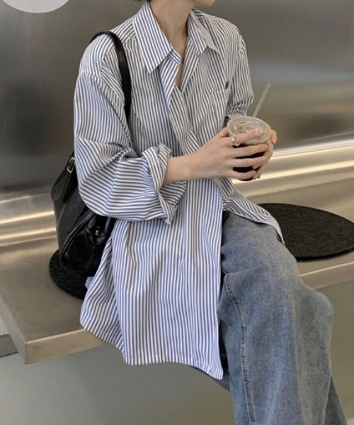 MANGROVE（マングローブ）の「ストライプラップオーバーシャツ（シャツ/ブラウス・レディース・ブルー・FREE）」の9枚目の写真