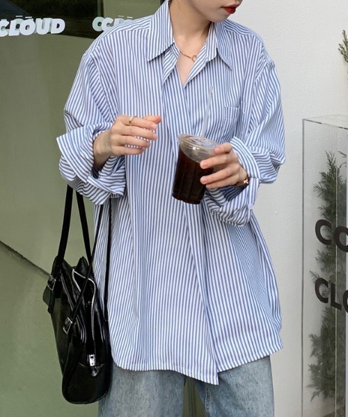 MANGROVE（マングローブ）の「ストライプラップオーバーシャツ（シャツ/ブラウス・レディース・ブルー・FREE）」の11枚目の写真