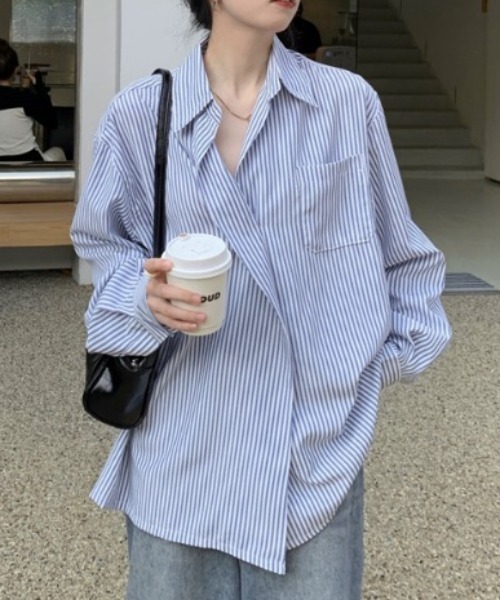 MANGROVE（マングローブ）の「ストライプラップオーバーシャツ（シャツ/ブラウス・レディース・ブルー・FREE）」の16枚目の写真