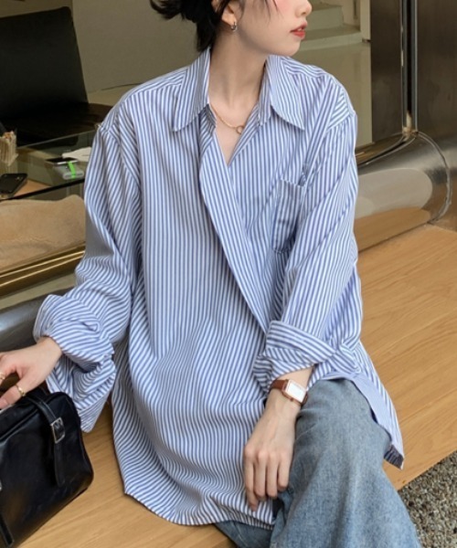 MANGROVE（マングローブ）の「ストライプラップオーバーシャツ（シャツ/ブラウス・レディース・ブルー・FREE）」の17枚目の写真