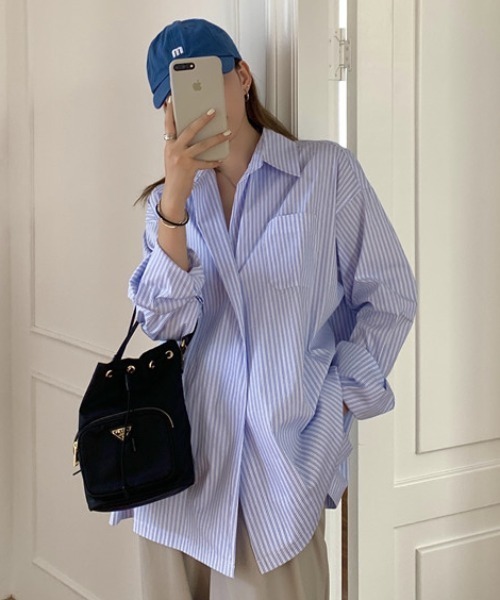 MANGROVE（マングローブ）の「ストライプラップオーバーシャツ（シャツ/ブラウス・レディース・ブルー・FREE）」の19枚目の写真