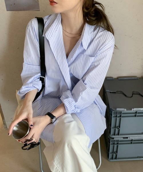 MANGROVE（マングローブ）の「ストライプラップオーバーシャツ（シャツ/ブラウス・レディース・ブルー・FREE）」の22枚目の写真