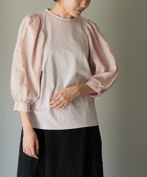 note et silence (ノートエシロンス)の「▲【AMB100貨】USAコットン×リネン ギャザースリーブプルオーバー(Tシャツ/カットソー・レディース・ホワイト/チャコールグレー/ピンク・FREE)」の3枚目の写真