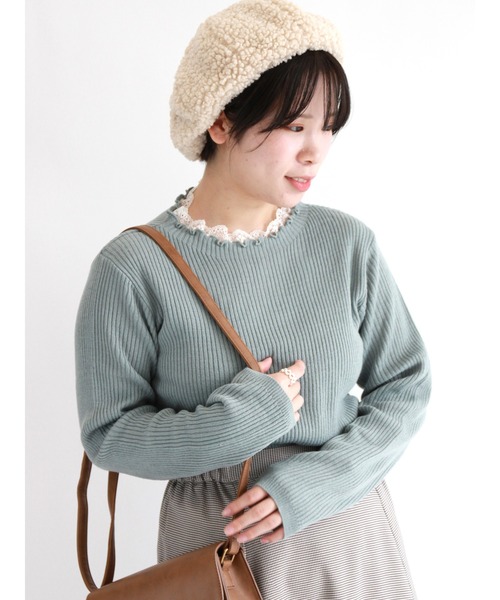 ehka sopo（エヘカソポ）の「衿レースリブニット（ニット/セーター・レディース・ブラック/ミント/キナリ・ﾌﾘ-）」の3枚目の写真