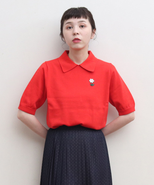 CHILD WOMAN（チャイルドウーマン）の「4/101 CRAFT14GG 刺繍 衿付き半袖ニットポロ（ポロシャツ・レディース・ブラック/レッド/アイボリー/ネイビー/ブルー・FREE）」の5枚目の写真