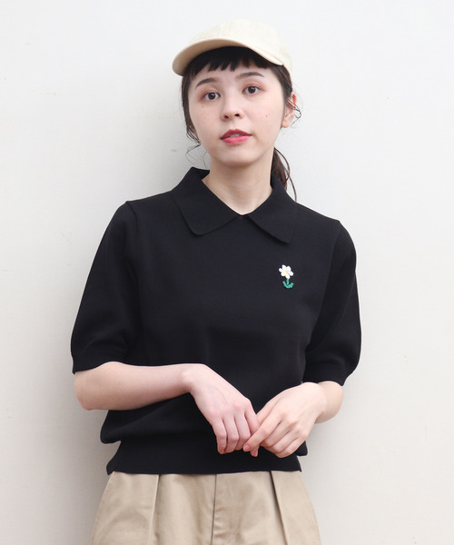 CHILD WOMAN（チャイルドウーマン）の「4/101 CRAFT14GG 刺繍 衿付き半袖ニットポロ（ポロシャツ・レディース・ブラック/レッド/アイボリー/ネイビー/ブルー・FREE）」の13枚目の写真