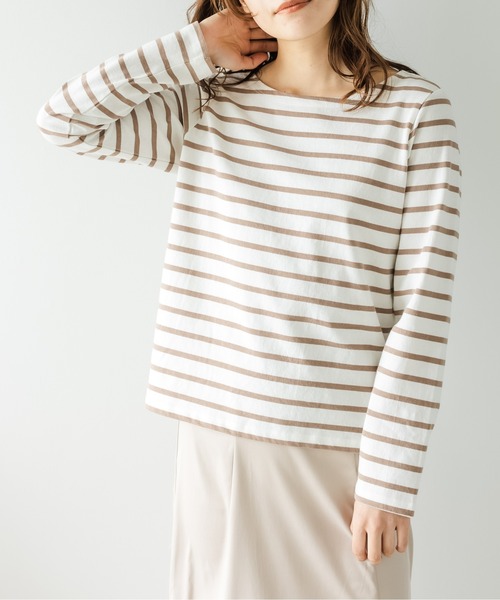 TRIANGLE PALETTE(トライアングルパレット)の「ボートネック ボーダー長袖Tシャツ(Tシャツ/カットソー・レディース・ネイビー/ブルー/モカ/ホワイト×ブラック/グレイッシュベージュ/ブラック/グリーン/ピンク/イエロー/グレー/レッド・FREE)」の22枚目の写真