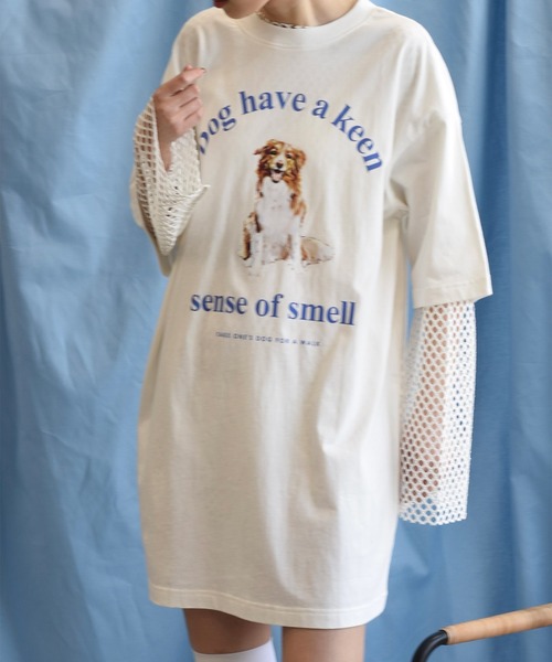 Alley by w closet（アリーバイダブルクローゼット）の「【Alley】犬プリントTeeワンピース（ワンピース・レディース・オフホワイト/ライトブルー/ライム・FREE）」の5枚目の写真