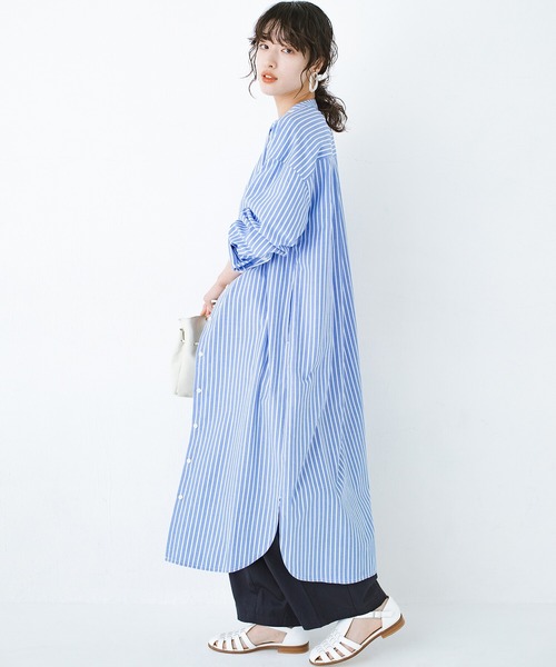 haco!（ハコ）の「いつの間にか太ったからだもすっきりIラインがオシャレにごまかしてくれるシャツワンピース by que made me（シャツワンピース・レディース・ラベンダー/ブルー系その他・SMALL/MEDIUM/LARGE/X-LARGE）」の5枚目の写真