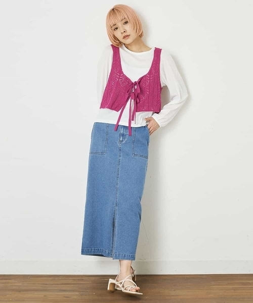 A de a.v.v（アードアー・ヴェ・ヴェ）の「［2点セット］レースビスチェ／パフ袖TEE（アンサンブル・レディース・パープル/ブラック・39）」の5枚目の写真