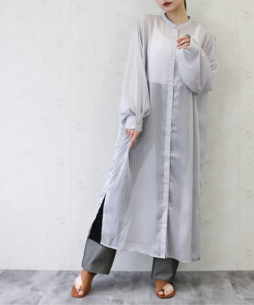 Per sist ence（パーシエンス）の「Per sist ence/パーシエンス　シアーストライプ シャツワンピース（シャツワンピース・レディース・ブラック/ブルー/ミント/オフホワイト・FREE）」の4枚目の写真