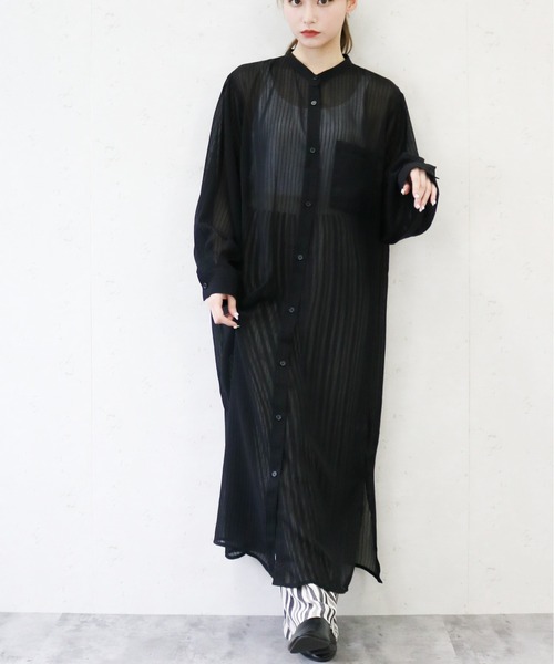 Per sist ence（パーシエンス）の「Per sist ence/パーシエンス　シアーストライプ シャツワンピース（シャツワンピース・レディース・ブラック/ブルー/ミント/オフホワイト・FREE）」の3枚目の写真