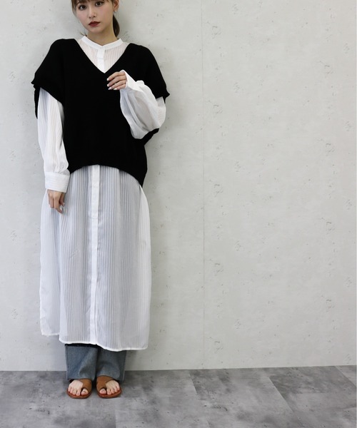 Per sist ence（パーシエンス）の「Per sist ence/パーシエンス　シアーストライプ シャツワンピース（シャツワンピース・レディース・ブラック/ブルー/ミント/オフホワイト・FREE）」の9枚目の写真
