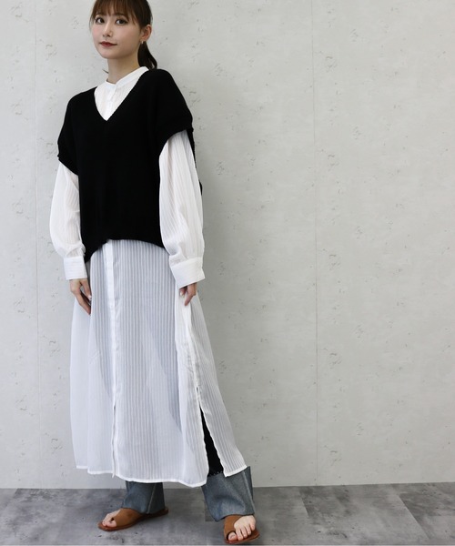 Per sist ence（パーシエンス）の「Per sist ence/パーシエンス　シアーストライプ シャツワンピース（シャツワンピース・レディース・ブラック/ブルー/ミント/オフホワイト・FREE）」の11枚目の写真