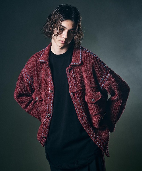 glamb（グラム）の「Stitch Knit JKT / ステッチニットジャケット（スタジャン・メンズ・ワイン/ブラック・S/L/M）」の2枚目の写真