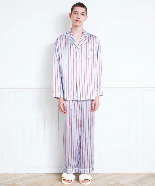 Priv. Spoons Club（プライベートスプーンズクラブ）の「シルクサテンストライプパジャマ（メンズ/上下セット）（ルームウェア/パジャマ・メンズ・サックスブルー・MEDIUM/LARGE）」の12枚目の写真