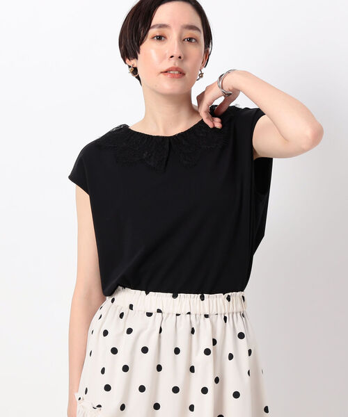 NOLLEY’S(ノーリーズ)の「ストレッチポンチレース衿フレンチTシャツ(Tシャツ/カットソー・レディース・オフホワイト/ブラック/ネイビー・FREE)」の3枚目の写真