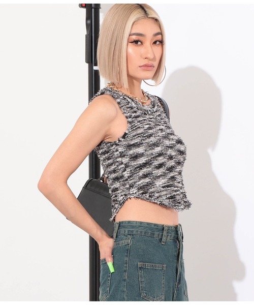 LATINA（ラティーナ）の「MIX柄パイルノースリーブトップスタンクトップ（タンクトップ・レディース・ブラック×ホワイト・FREE）」の5枚目の写真