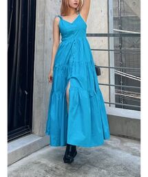 【パッド付】肩リボン調整バックオープンティアードキャミワンピース