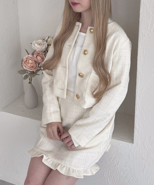 shrita（シュリータ）の「【shrita】【セットアップ可能】ファンシーツイードショートジャケット（ノーカラージャケット・キッズ・ブラック/アイボリー/ピンク・M/L/S）」の9枚目の写真