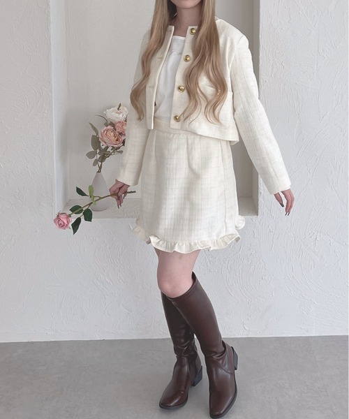 shrita（シュリータ）の「【shrita】【セットアップ可能】ファンシーツイードショートジャケット（ノーカラージャケット・キッズ・ブラック/アイボリー/ピンク・M/L/S）」の10枚目の写真