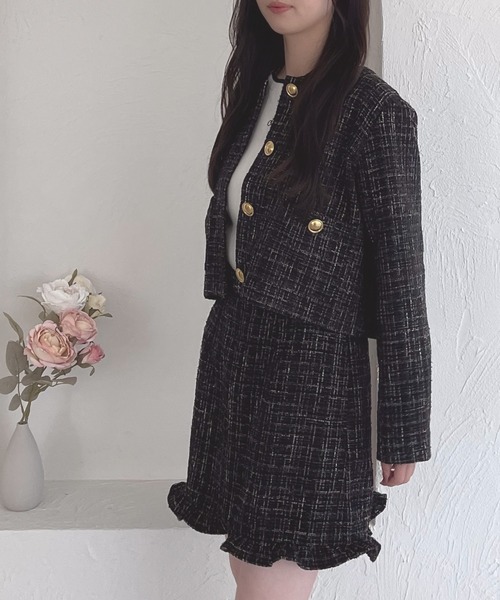 shrita（シュリータ）の「【shrita】【セットアップ可能】ファンシーツイードショートジャケット（ノーカラージャケット・キッズ・ブラック/アイボリー/ピンク・M/L/S）」の15枚目の写真