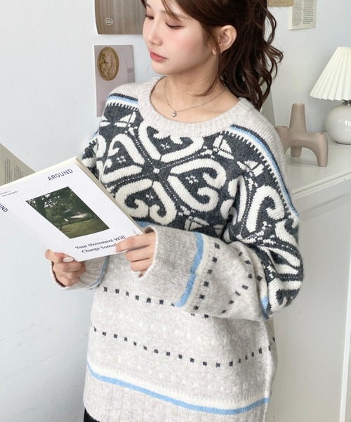 LOULOU select(ルルセレクト)の「ノルディックジャガードニットプルオーバー(ニット/セーター・レディース・グレー/アイボリー/モカ・M/L)」の8枚目の写真